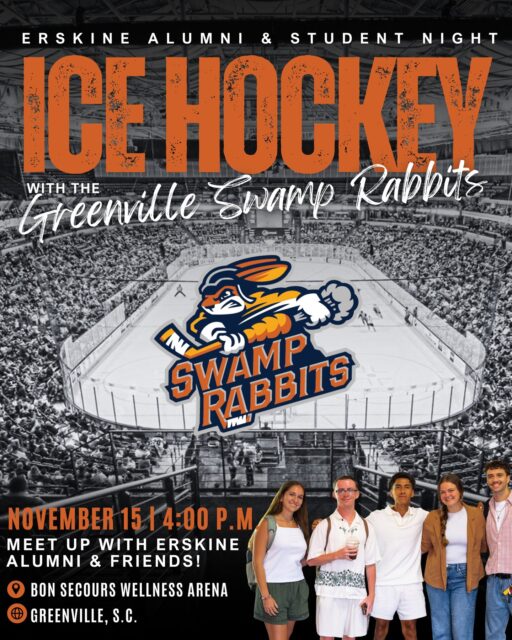 🏒 Join us for a Swamp Rabbits hockey game on Nov. 15 at 4 p.m.!
Arrive at 3 p.m. to stop by the lounge and grab some swag before the 4 p.m. game!
🎟 Alumni tickets: $25 (Section 112)
🎟 Student tickets: Contact Student Development for a big discount!
Link in bio!
◦
◦
◦
#erskine #upstatesc #duewestsc #erskinealumni #greenvillesc #greenwoodsc #collegelife #campusvibes #collegecampus #collegestudents #collegebound #collegeexperience #collegegoals #studentlife #campusevents #studygram #campusinspo #collegecommunity #campusgoals #campusphotography #collegestudytips #southcarolina #dormlife #simpsonvillesc #columbiasc #collegefootball #greenvilleswamprabbits #greenvillesc