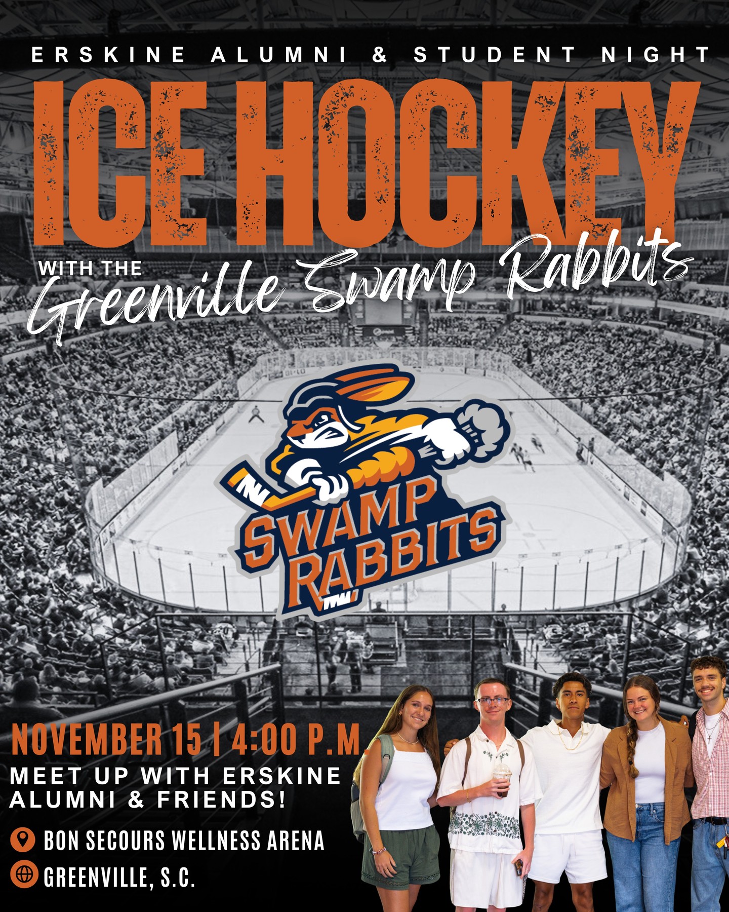 🏒 Join us for a Swamp Rabbits hockey game on Nov. 15 at 4 p.m.!
Arrive at 3 p.m. to stop by the lounge and grab some swag before the 4 p.m. game!
🎟 Alumni tickets: $25 (Section 112)
🎟 Student tickets: Contact Student Development for a big discount!
Link in bio!
◦
◦
◦
#erskine #upstatesc #duewestsc #erskinealumni #greenvillesc #greenwoodsc #collegelife #campusvibes #collegecampus #collegestudents #collegebound #collegeexperience #collegegoals #studentlife #campusevents #studygram #campusinspo #collegecommunity #campusgoals #campusphotography #collegestudytips #southcarolina #dormlife #simpsonvillesc #columbiasc #collegefootball #greenvilleswamprabbits #greenvillesc
