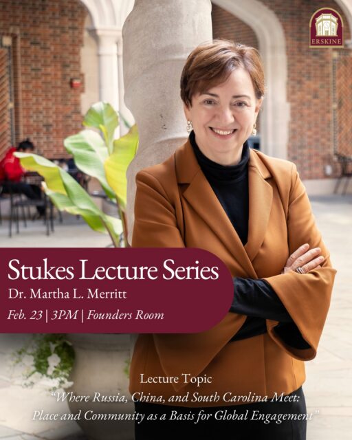 Dr. Martha Merritt of the University of Richmond will deliver the 40th annual Stukes Lecture on Feb. 23 at 3 p.m. in the Founders Room. Free and open to the public.
Her talk is entitled "Where Russia, China, and South Carolina Meet: Place and Community as a Basis for Global Engagement." Fleet Fellowship credit is available!
◦
◦
◦
#erskine #upstatesc #duewestsc #erskinealumni #greenvillesc #greenwoodsc #collegelife #campusvibes #collegecampus #collegestudents #collegebound #collegeexperience #collegegoals #studentlife #campusevents #studygram #campusinspo #collegecommunity #campusgoals #campusphotography #collegestudytips #stem #southcarolina #dormlife #simpsonvillesc #columbiasc #collegefootball