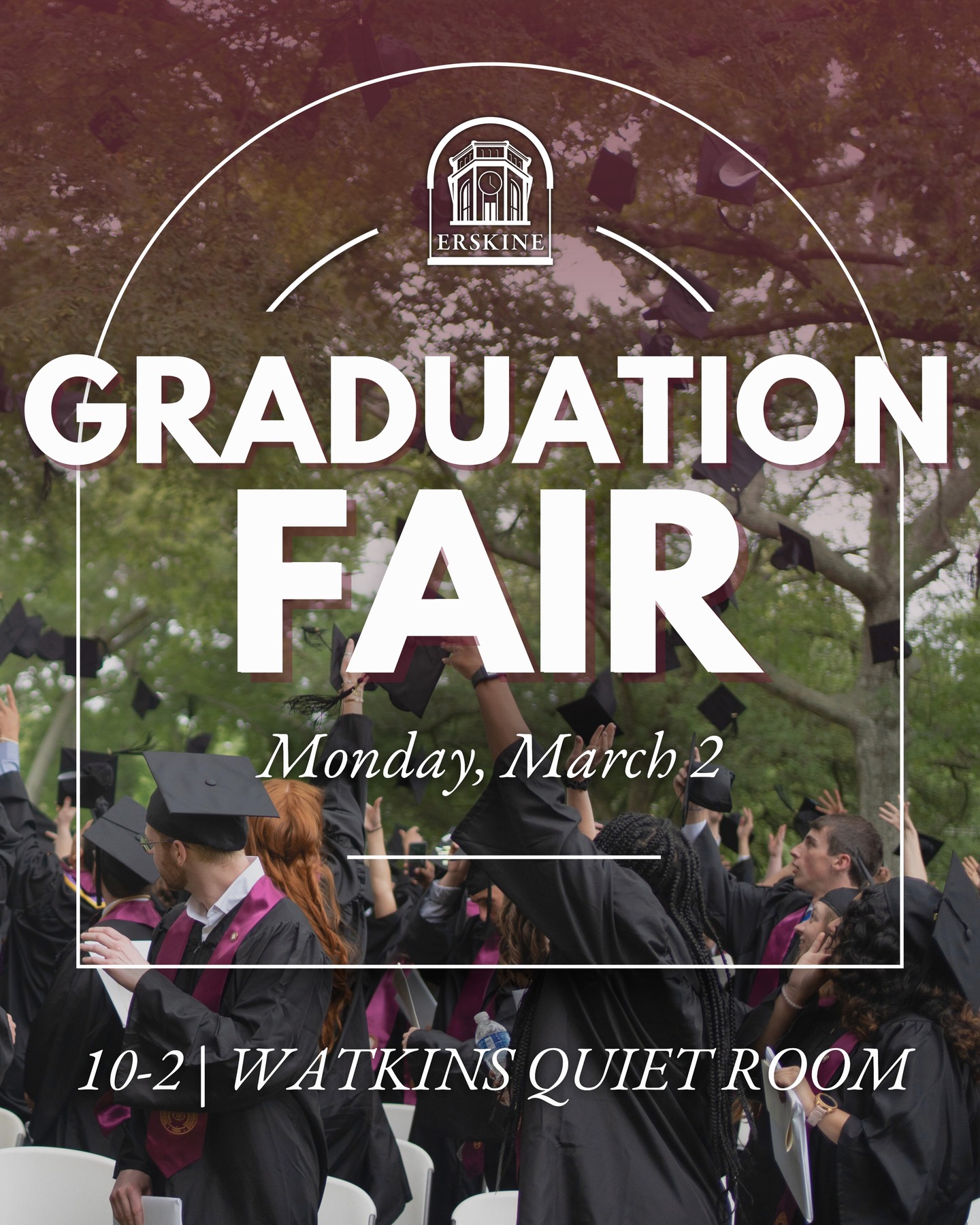 🎓 Grad season is almost here! Class of 2026, stop by the Graduation Fair on Monday, March 2 from 10-2 PM in Watkins Quiet Room to get everything you need for the big day!

* Order your cap & gown
* Look at rings, announcements, and diploma covers
* Free giveaways from the Alumni Office
* Option for professional grad photos

#erskinecollege #classof2026 #graduation