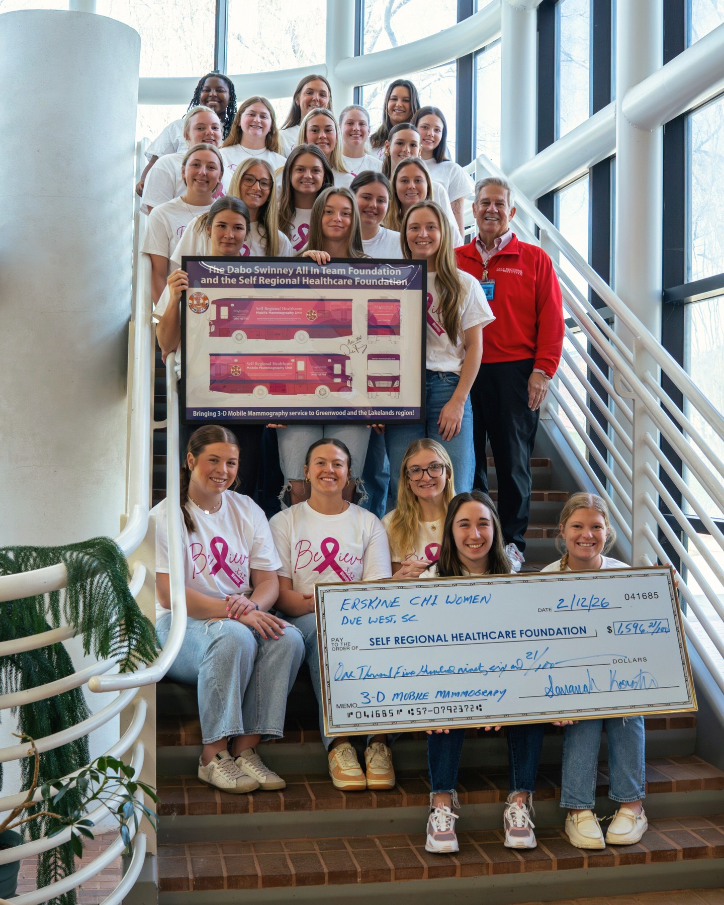 We're very proud of Erskine's @chi_women for raising $1,596 to help fund The Self Regional Healthcare Foundation's new Mobile Mammogram Bus! 🎉