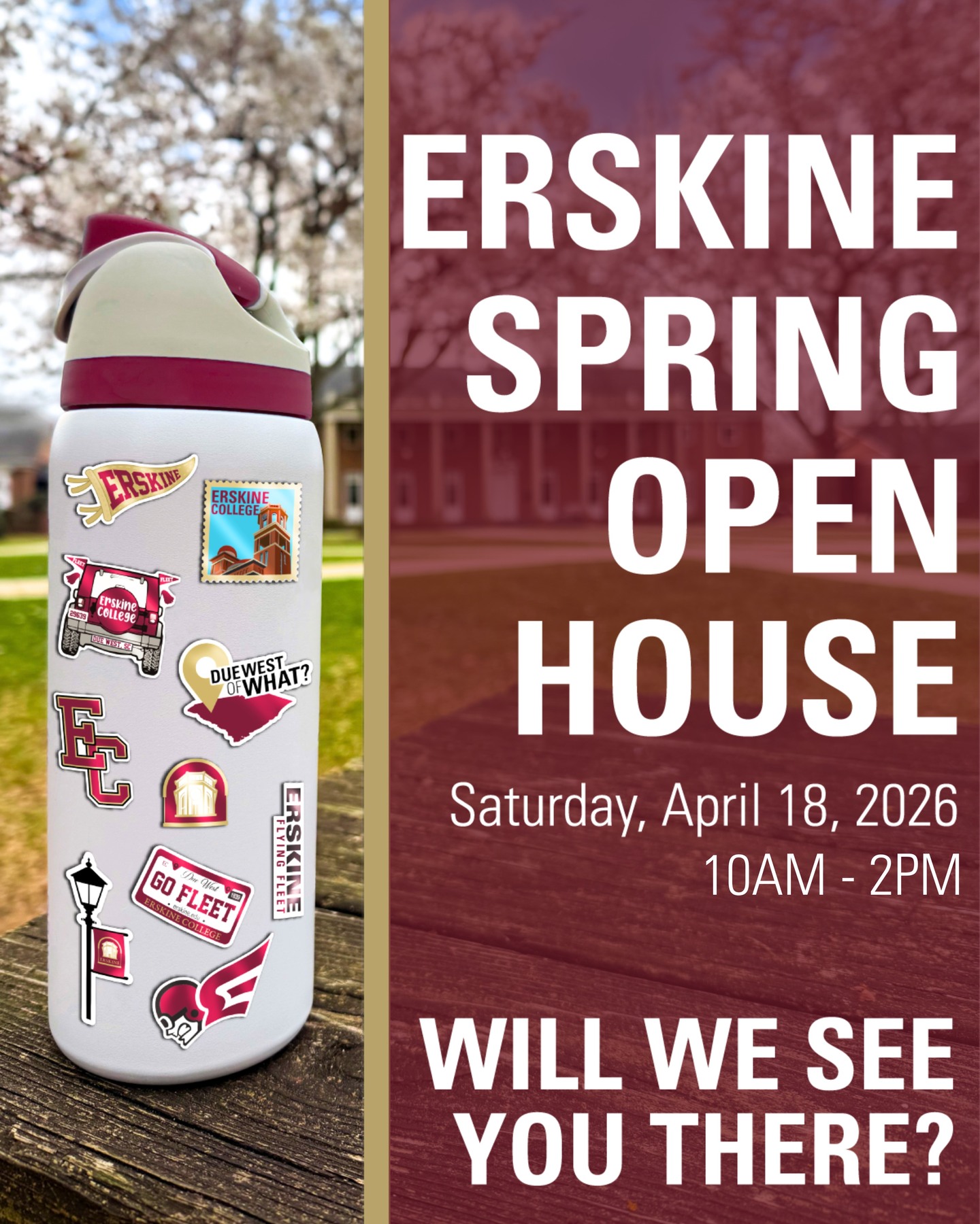 Hey, high schoolers! Want to get a taste of college life? 🎉 Join us for our Spring Open House! Whether you’re exploring Erskine for the first time or you’re already admitted, this event is a great way to experience campus.
 
🌲Enjoy a campus tour
📚Explore academic programs
🤝Get to know Erskine faculty and students
🍔Have lunch with Admissions
🏆Learn more about student life
 
We want to see you on campus! Register at the link in our bio NOW!

#erskinecollege #collegesearch #highschool #collegedecision #southcarolina