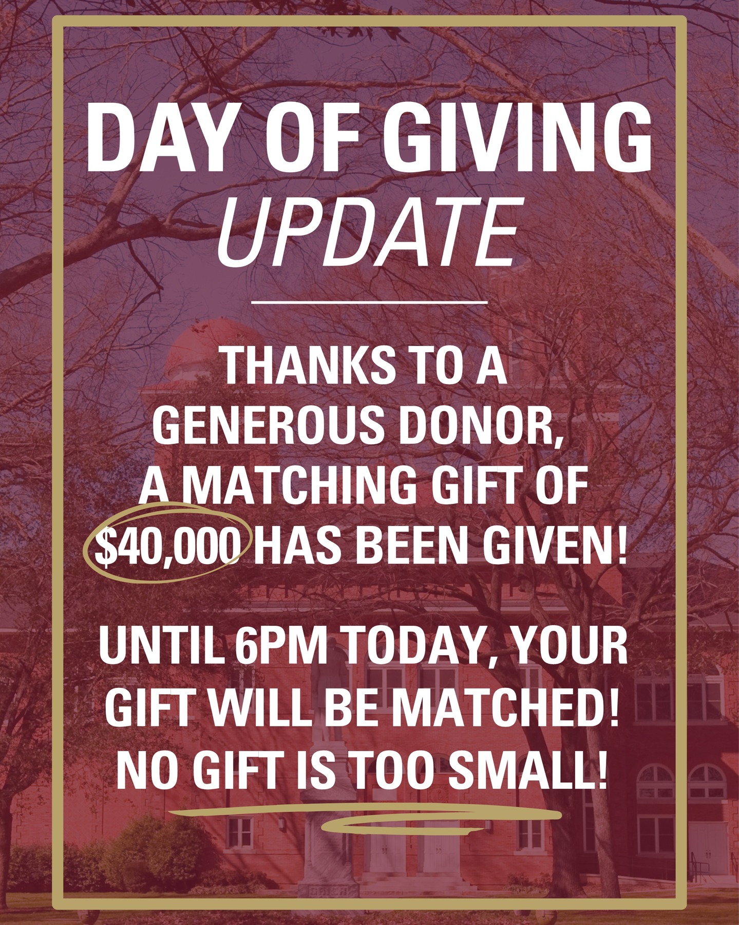 Big news for Day of Giving! Thanks to a generous donor, $40,000 in matching funds is now available! Give before 6PM and your gift will go twice as far in supporting our students and campus! No gift is too small to make a difference. 💛

Link in bio!

#erskinecollege
