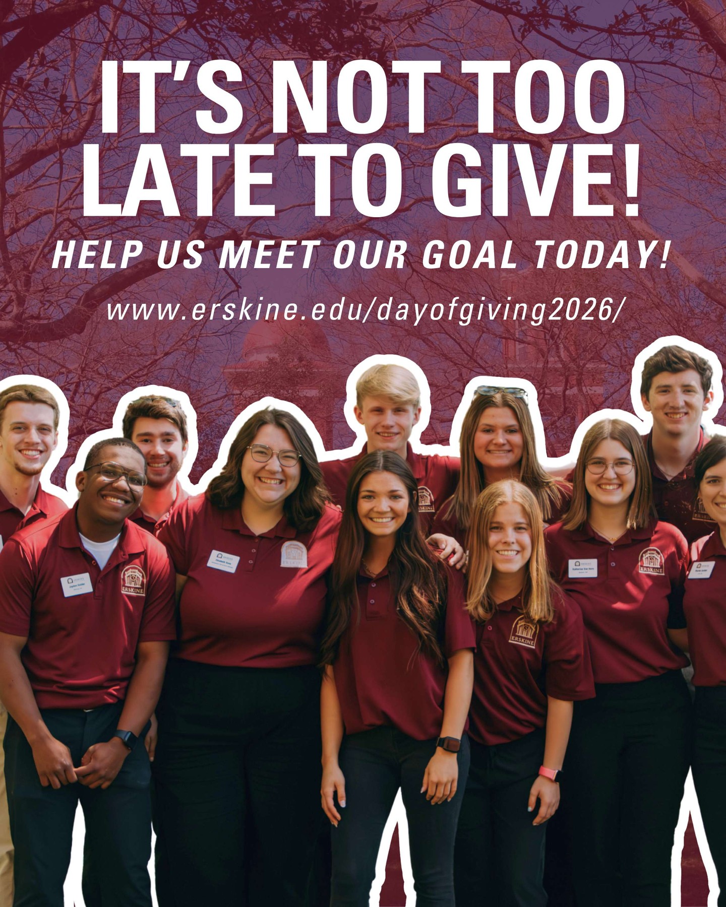 Our goal is to have 350 donors! It's not too late to help us meet our goal today! #erskinecollege

https://www.erskine.edu/dayofgiving2026/