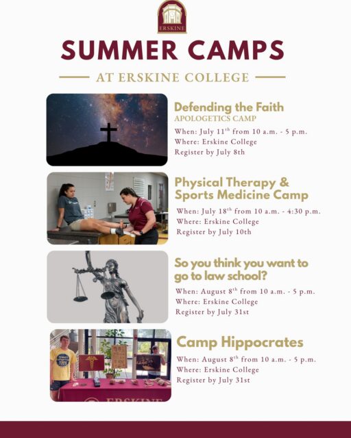Whether you're interested in healthcare, law, apologetics, or medicine, there's a place for you this summer at Erskine. Take a look at our upcoming camps and reserve your spot with the link in our bio!
#erskine #upstatesc #duewestsc #erskinealumni #greenvillesc #greenwoodsc #collegelife #campusvibes #collegecampus #collegestudents #collegebound #collegeexperience #collegegoals #studentlife #campusevents #studygram #campusinspo #collegecommunity #campusgoals #campusphotography #collegestudytips #southcarolina #dormlife