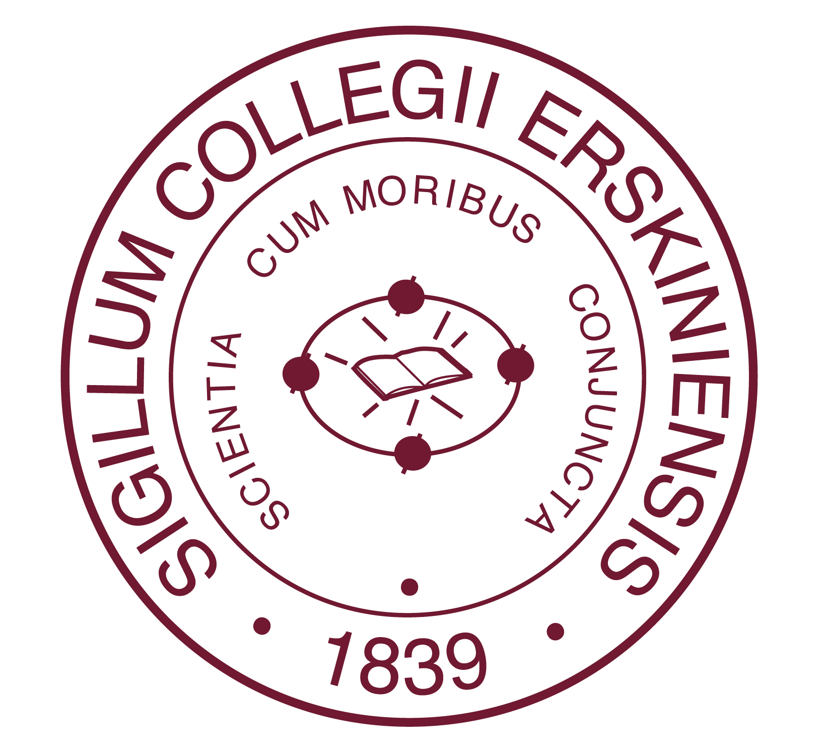 Erskine College seal (Latin Sigillum Collegii Erskiniensis, 1839) with the Latin motto: "Scientia cum moribus conjuncta"