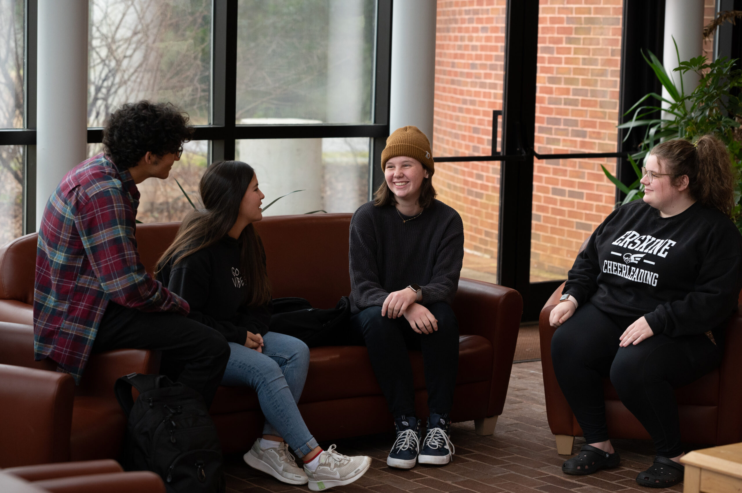 Students enjoy conversation in the Daniel•Moultrie Science Center lobby
