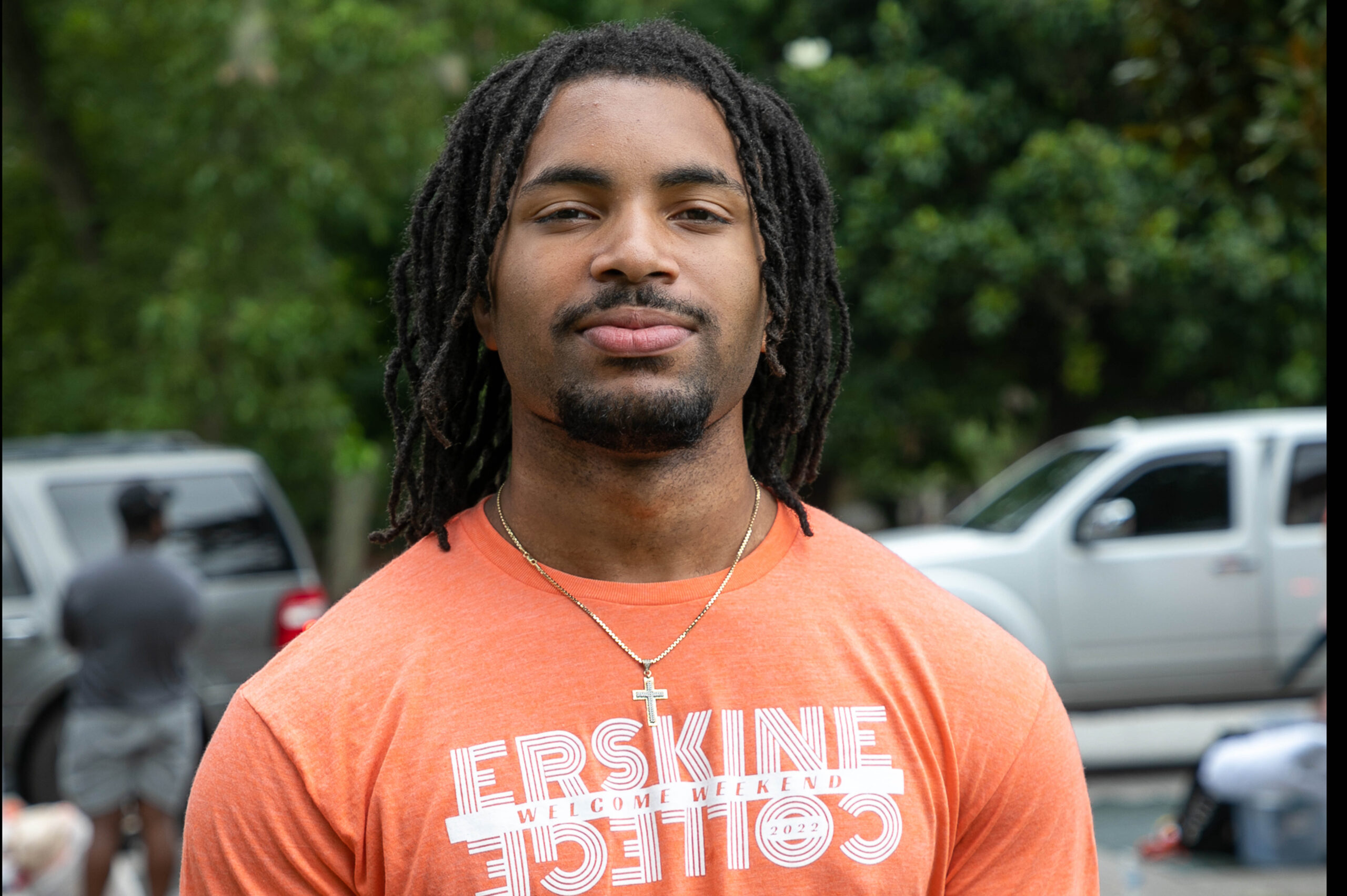 Erskine student poses for a photo on move-in day