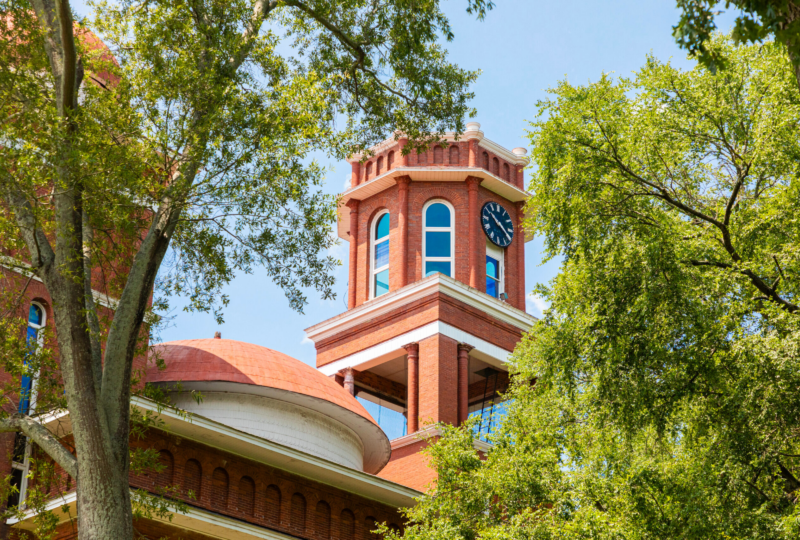 A shot from the ground of the Erskine building tower at Erskine College