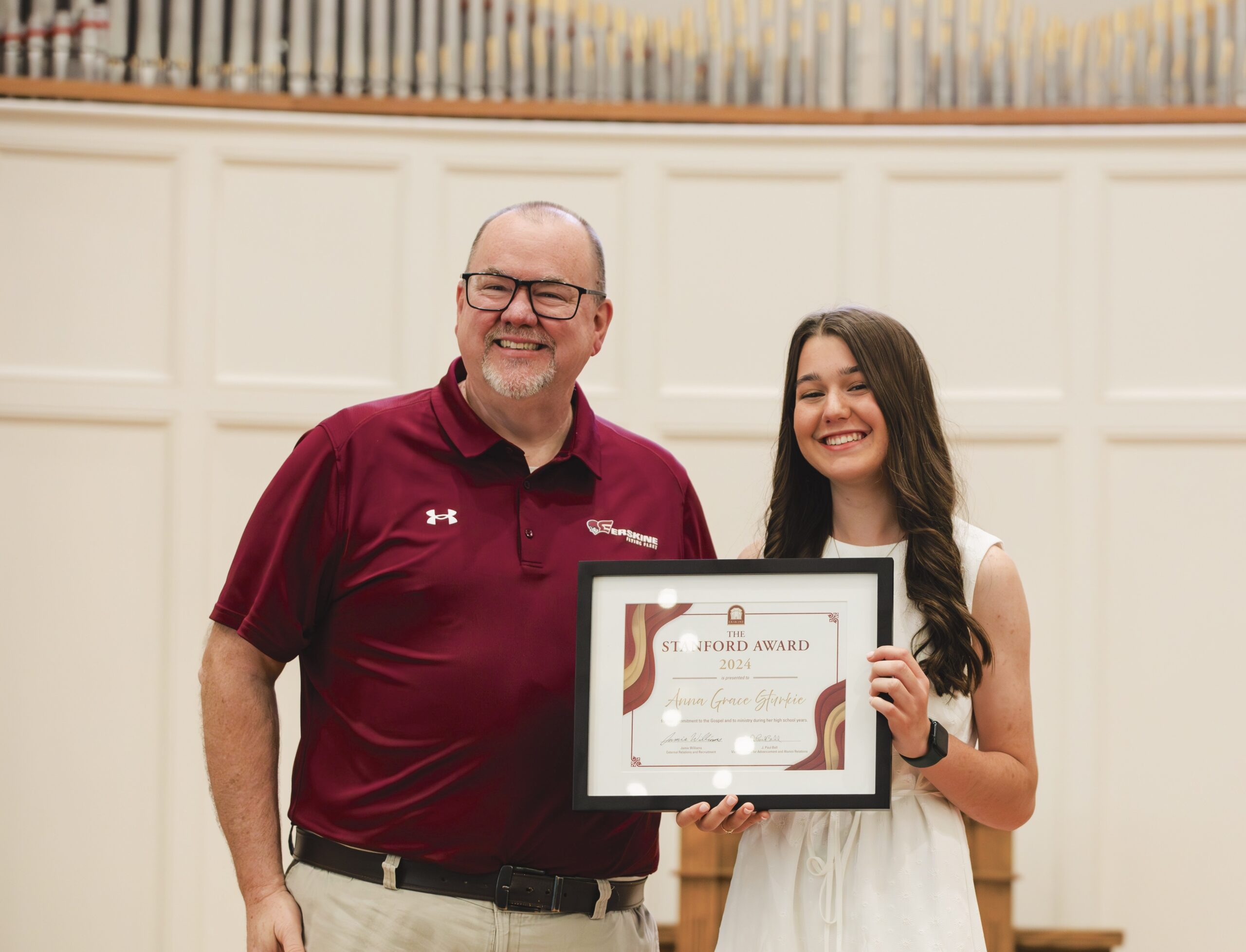 Erskine staff member Jamie Williams, left, and Stanford Award recipient Anna Grace Sturkie.