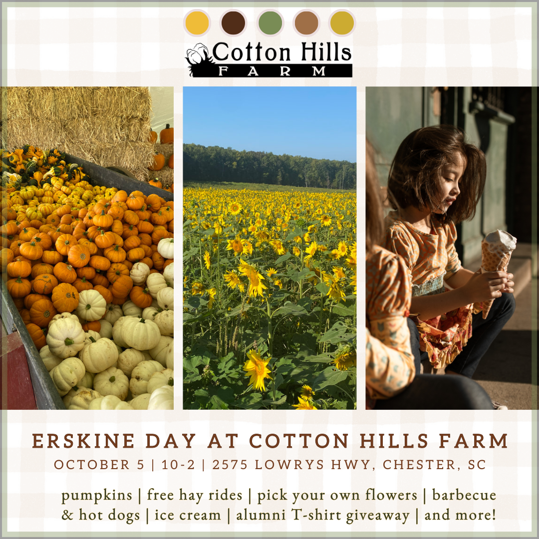 Cotton Hills Farm graphic featuring pumpkins, sunflowers, a child holding ice cream, and information about the event.