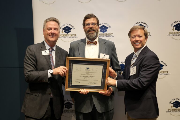 At top, from left, Dr. Robert B. Lloyd, President and CEO of SCICU; Dr. Matthew Campbell; and Willis Cantey, SCICU Board of Trustees Chair