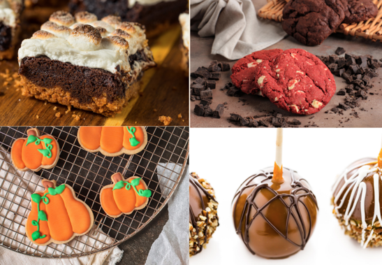 A variety of treats including caramel apple, pumpkin decorated cookies, s'more brownies, and red velvet cookies.