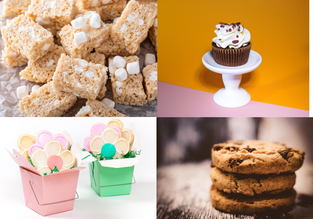 Crispy rice marshmallow, chocolate cupcake, cookies decorated like flowers, chocolate chip cookies