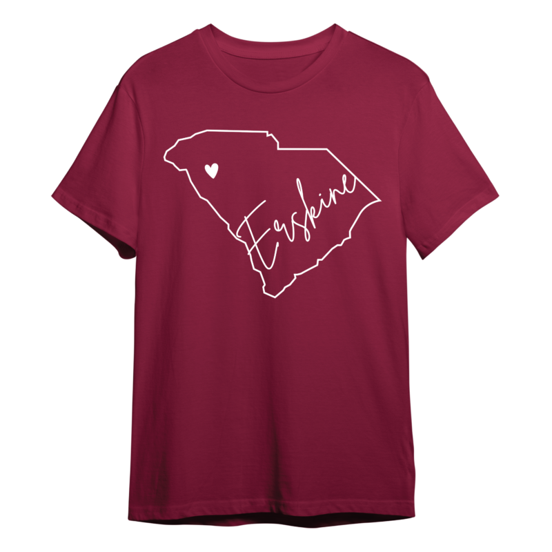 Alumni Day T-shirt that has the shape of South Carolina with a heart over Due West and the word "Erskine"