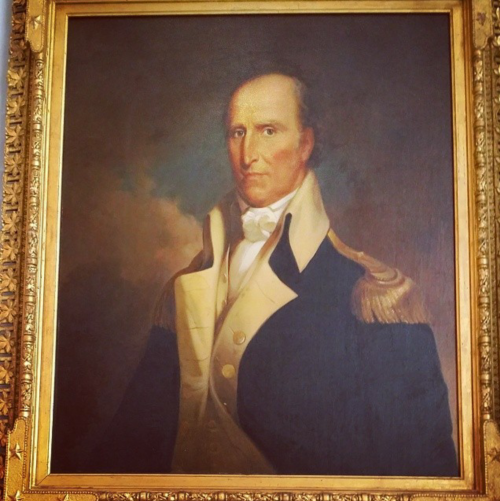 A framed portrait of Andrew Pickens.