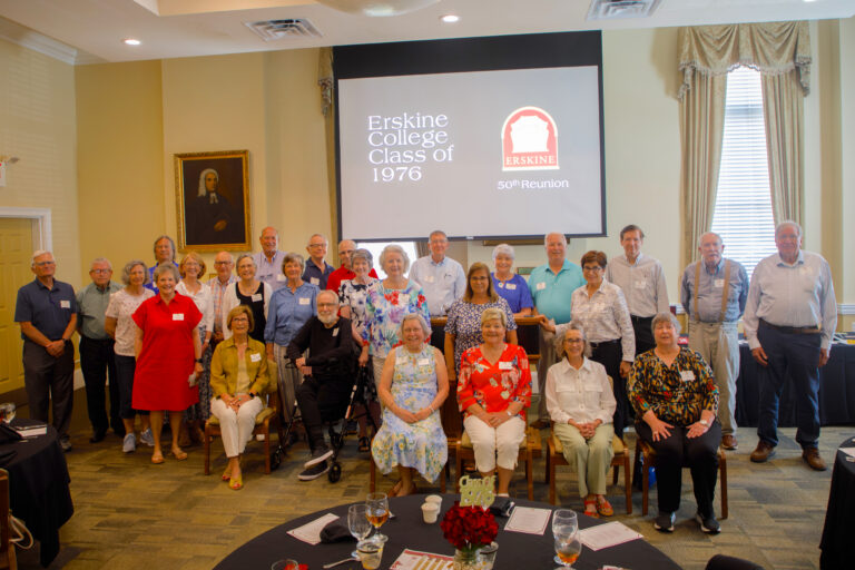 The Class of 1976, celebrating its 50th reunion, gathers in the Founders Room.