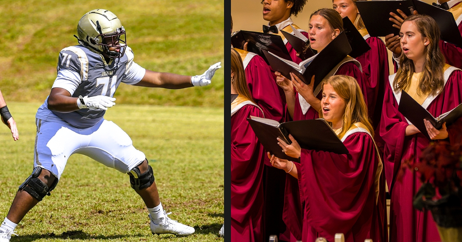 Trent Curry in football gear and Maggie Simmons sings in the Choraleers