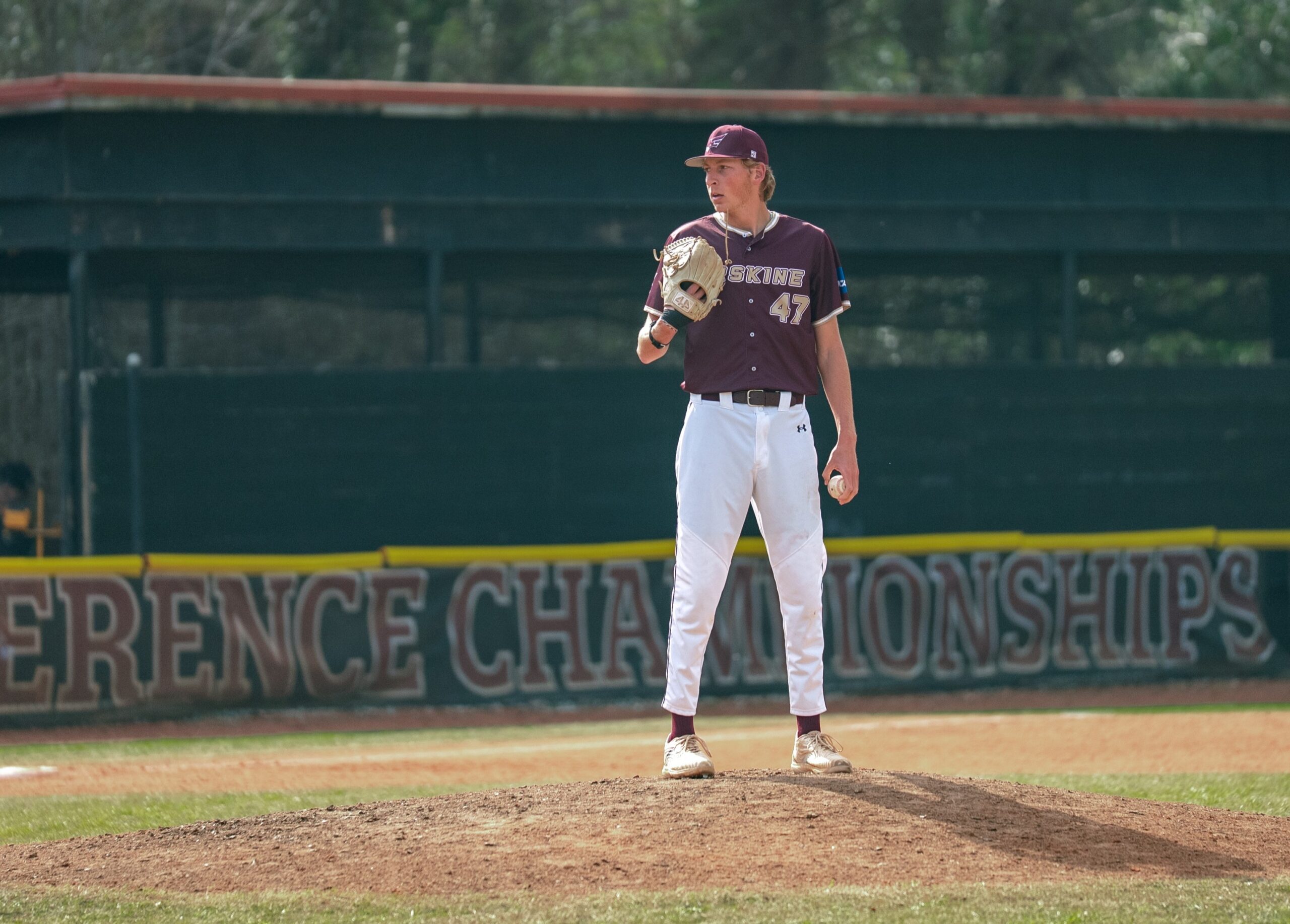 Erskine pitcher Kyle Knoll looks in toward a batter