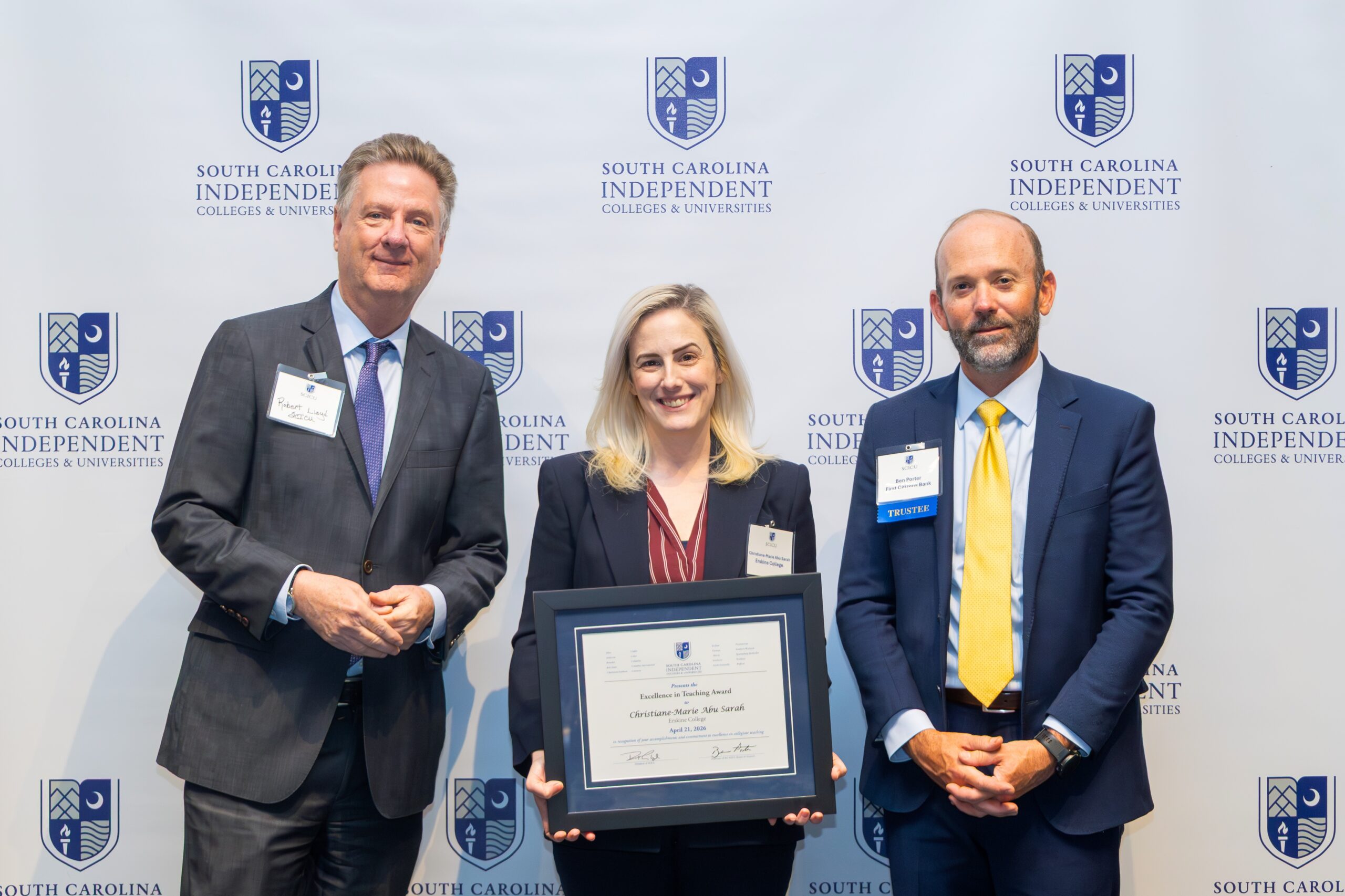 From left, SCICU President & CEO Dr. Robert Lloyd, Dr. Christiane-Marie Abu Sarah, and SCICU Board of Trustees Chair Ben Porter. 