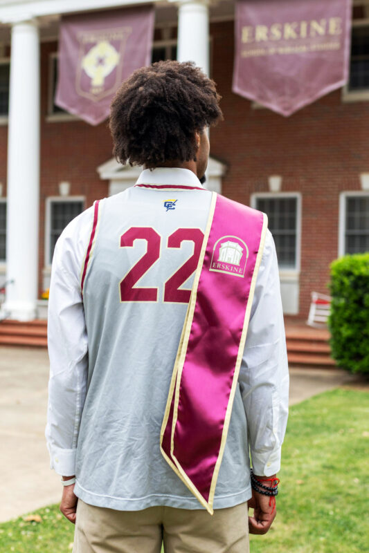 Erskine's Quintel Johnson in front of Erskine Theological Seminary
