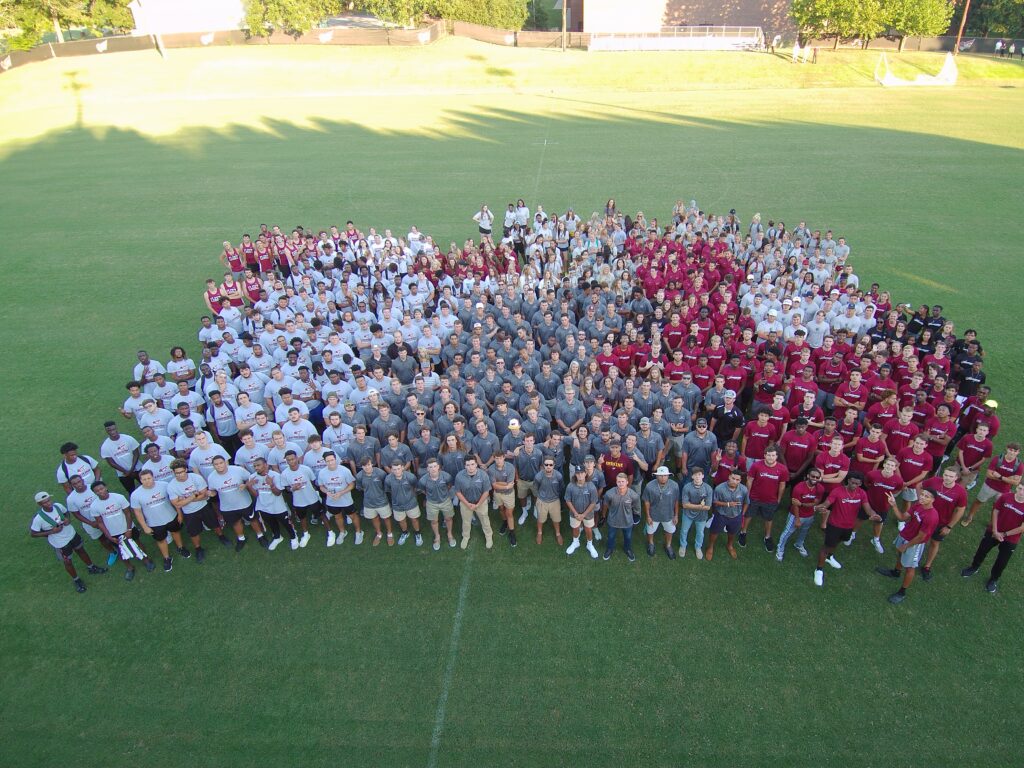 Overhead photo of a large group of Erskine student-athletes