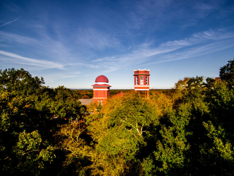 Aerial photo of Erskine College's Erskine towers