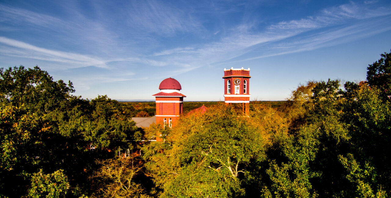 Aerial photo of Erskine College's Erskine towers